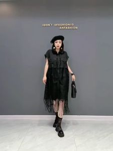 XITAO Shirt Dress Mesh Patchwork Casual Women Loose Turn-down Collar Dress ZY7350