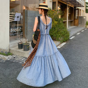Blue Thin Denim Skirt Hepburn Style Backless Long Dress Sleeveless Korean Style Pleated Gathered Drawstring A-Line Summer Dress