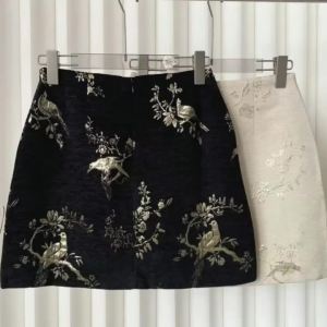 Chinese Style Black Boho Mini Skirt For Women 2024 Beige Print High Waist New Summer Wrapped Hip A-line Short Jacquard Skirt Y2k