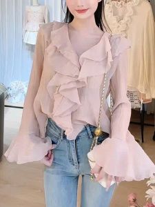 SHUAIYUE | Áo Blouse Ôm Body Cổ V bèo nhún màu Hồng