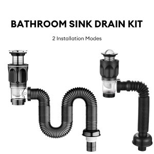 Bathroom Sink Drain Kit Bathroom Sink Drains with Flexible & Expandable P-Trap Suitable for 1-1/4 or 1-1/2 PVC Drain Pipe with Built-in Anti-Clogging Stopper