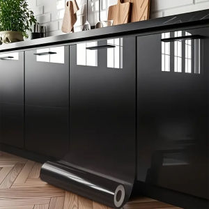 「Self-Adhesive Waterproof Vinyl Wallpaper」High-Gloss Black PVC Film for Kitchen Cabinets Stove Backsplash Bathroom - Heat & Oi