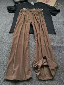 กางเกงขายาวทรงตรงผ้าคอร์ดูรอยสไตล์ย้อนยุคสีน้ำเงินสำหรับผู้ชาย กางเกงขายาวทรงตรงลายทาง ทรงหลวม ทรงลำลอง ฤดูใบไม้ร่วง