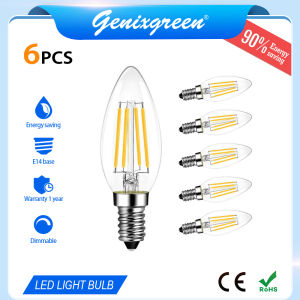 Genixgreen Bóng Đèn LED Edison 6 Bóng E14 220V Bóng Đèn Nến C35 Bóng Đèn Led Dây Tóc Nến Trắng Ấm Có Thể Điều Chỉnh Độ Sáng 4W Cho Gia Đình Trong Nhà Phòng Khách Phòng Ngủ Trần Nhà