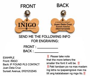 Personalized Engraved Dog Tag for Your Fur Baby - Inigo - Waterproof - Handcrafted - Durable - Stylish - Unique - Fits All Perfectly - Free Bell - 45mm x 25mm x 5mm - Only 99 Pesos FREE BELL
