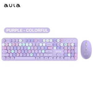 AULA AC306 Wireless Keyboard and Mouse Combo 2.4G RGB Retro Round Keycaps Feel Ergonomic for PC Laptop Office Gaming Cute Fashion Portable