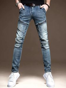 Mens Slim Fit Jeans Spring Autumn Trendy Versatile Washed Motorcycle Slim Leggings High End Vintage Long Pants
