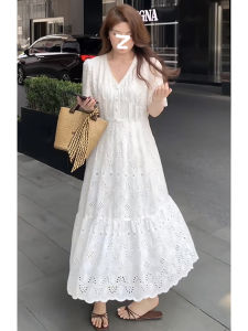 พลัสไซส์ ผู้หญิง ฝรั่งเศส คอวี ลูกไม้ งานปัก กลวง เดรส ฤดูร้อน พรางหุ่น กระโปรงยาว เอวสูง ผ้าชีฟอง ทรงเอ ชิ้นเดียว