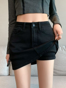 High Waist Short Denim Skirt Womens Summer New Style American Retro Black Slimming Half-length A-Line Wraparound Anti-exposure
