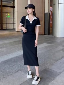 Váy Polo Màu Đen Cho Nữ Mùa Hè 2025 Váy Dài Thon Gọn Eo Cao Phong Cách Đại Học Váy Dài Thanh Lịch Có Chi Tiết Cắt Xẻ Bên Hông