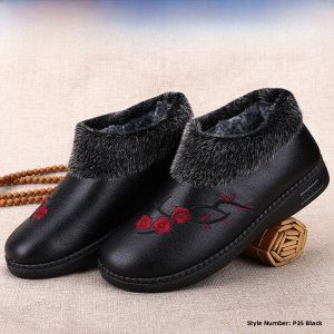 SHIPAILUO | Warm Fleece Lined Leather Shoes For Middle-Aged And Elderly Women Soft Bottom Anti-Slip Comfortable Daily Wear Floral Embellished