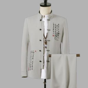 New Chinese Style Mens Suit Set Youth Hanfu Tang Costume Jacket Embroidered Stand Collar Zhongshan Coat for Spring Autumn