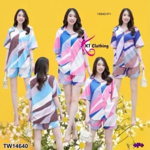 P14640 Set เสื้อเชิ้ตแขนสั้น+กางเกงขาสั้น ลายกราฟฟิก