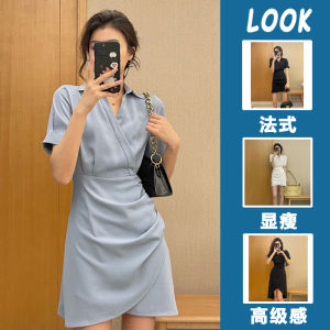 French Style Fancy Shirt Dress Womens Summer Small Waist-Tight Slim Looking Elegant Ruched Chic First Love Dress