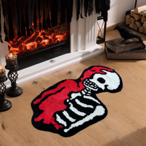 VIKAMA White Skull Red Flame Shaped Tufted Mat Anti Slip Quick Dry Rug For Bedside Living Room Punk Horror Halloween Home Decor