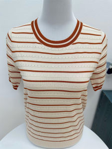Young Mom Summer Thin Ice Silk Stripe Short Sleeve Knitted T-Shirt Midlife Womens Fashionable Top Age-Defying Casual Wear
