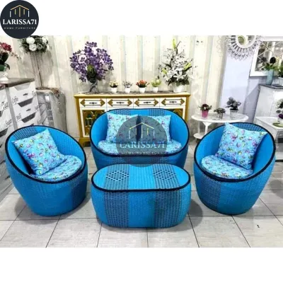 Set Kursi Tamu Rotan Sintetis Model Gentong Free Jok Duduk - Sofa Kursi Meja Kecil - Warna Putih dan Krem - Cocok untuk Ruang Tamu Modern