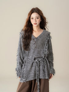 Áo Sweater Len Cổ V Viền Xỏ Dây Phong Cách Thư thái Ôm Sát cho Nữ Thu