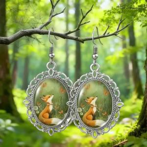 Vintage Oval Forest Fox Dome Glass Dangle Earrings For Women Woodland Animal Jewelry Gifts