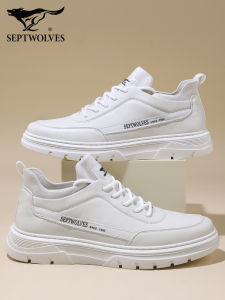 Septwolves Mens Casual Shoes Leather Sport Shoes Thick Bottom Mens Simple Style Autumn New White Shoes Fashionable Youth Trend