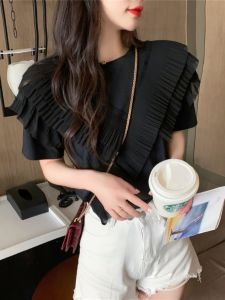 Loose Frock Sleeve Short Sleeve Womens T-shirt Summer Sweetness Design Sense Korean Style round Neck Pure Color Polyester