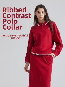 SALTUM | Vintage Colorblock Polo Collar Sweatshirt Long Sleeve Warm Casual
