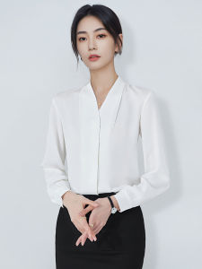 Elegant White Long Sleeve Womens Shirt Spring Autumn Commute Top Professional Formal Satin V-neck Base Layer Button up