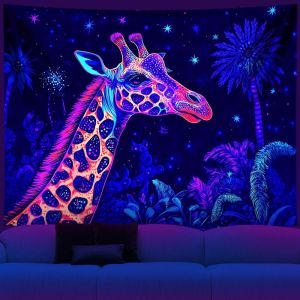 VIKAMA Fluorescent Tropical Coast Shack Bonfire Sundown Sea UV Glow Tapestry Hallucinogenic Wall Mural Decor Soft Durable Cozy