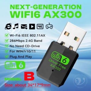 WiFi6 USB Wireless Network Card 2.4G High-Speed AX300 Drive Free Mini WI-FI Adapter Receiver Dongle WLAN 286Mbps For Win 7/10/11