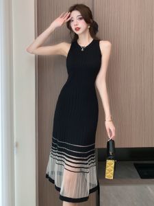Hebe Style Little Black Dress French Knitted Strap Dress Women Summer Mesh Splicing A-Line Wraparound Long Skirt