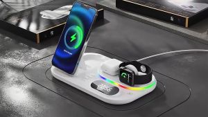 GEAR WALKER 4-in-1 QI Wireless Charger 30W Fast Charging Dock Foldable & Magnetic Stand Compatible for iPhone Airpods AppleWatch Earbuds Headphones