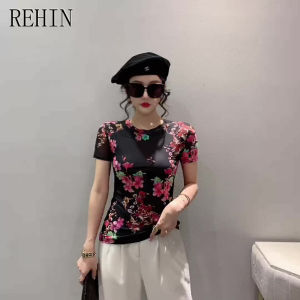 Rehin phong cách Châu Âu mùa hè thời trang lưới màu đen ngắn in hoa tay Cổ Tròn T-Shirt Slim-fit S-3XL và áo phong cách với một cái nhìn hợp thời trang