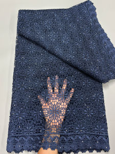 Luxury Navy Blue Nigerian Water Soluble Lace Fabric with Stone 2025 Hight Quality African Guipure Cord Lace Fabric For Wedding