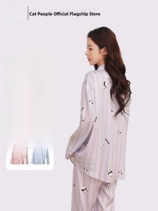 Miiow | Womens Ice Silk Sleepwear Long Sleeve Home Clothes Set Cartoon Print Spring Summer Breathable Comfortable Lightweight Polyester Blend