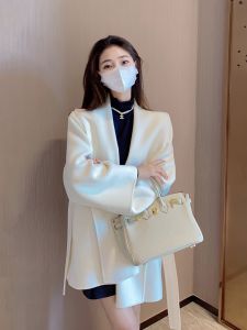 White Double-Sided Cashmere Short Coat Womens Autumn Winter New Small Size Woolen Coat Woolen Tweed Jacket Commute Style