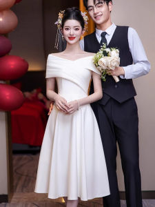 2025 New One-Shoulder Evening Dress Wedding Dress Elegant A-Line Skirt Short Sleeve Zipper Back Bridal Dress for Daily Wear