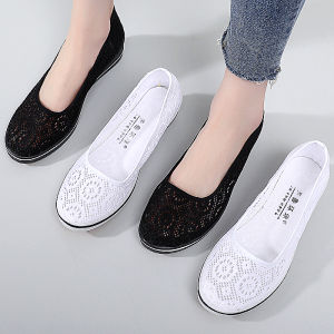One-Word Summer Old Beijing Cloth Shoes Womens Mesh Nurse Shoes Wedge Shoes for Work Sandals Breathable Beauty Shoes
