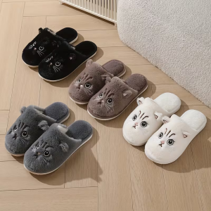 Womens Slippers Cute Animal 3D Cat Embroidery Home Slippers Autumn and Winter Warm and Comfortable Couple Slippers