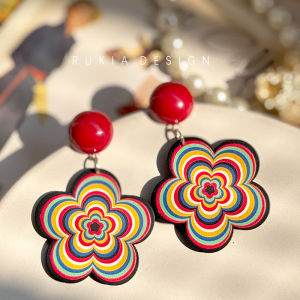 Retro Wine Red Rainbow Stripe Flower Earrings Quirky Girl Steam Wave Ear Studs Fashionable Jewelry for Women Floral Pattern