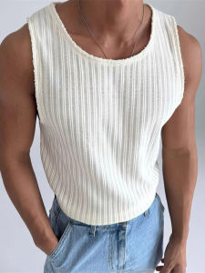 White Knitted Hollow out Mesh Vest Men Summer Texture Sleeveless round Neck American Style Loose Shoulder Pad Free Size Breathable