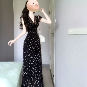 CHANGTONG | Elegant V-Neck Fitted Dress Long Polka Dot