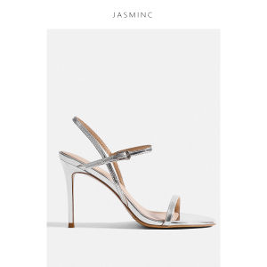 รองเท้าแตะส้นสูงแบบสวมหัวสีเงินสำหรับผู้หญิงในช่วงฤดูร้อนปี 2025 ทรงหัวมน สายรัดข้อเท้า สไตล์ฝรั่งเศส สวมใส่สบาย