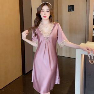 ELF TRIBE Ice Silk Nightdress Short Sleeve Lace Edge Pajamas Dress for Women