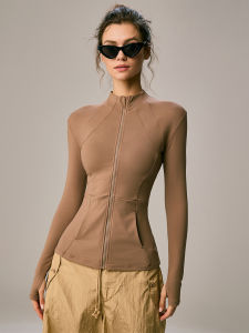 Womens Yoga Sportswear Quick Dry Morning Run Fitness Outfit Pilates Training Slimming Jacket Breathable round Neck Zipper