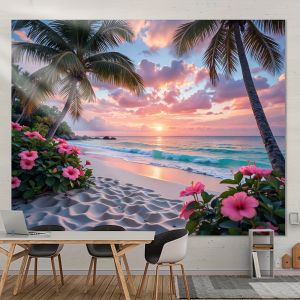VIKAMA Nhiệt Đới Hoàng Hôn Bãi Biển Polyester Tấm Thảm Art Deco Ghế Sofa Phòng Khách Treo Tường Trang Trí Không Có Xơ Màu Sắc Bền Màu Có Thể Giặt Bằng Máy