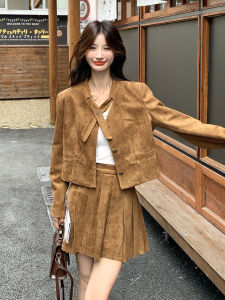 Brown Suede Two-Piece Set Womens Fashion Autumn 2025 Miniature Slimming Outerwear Pleated Skirt Vintage Style Casual Wear