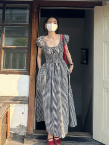 Elegant Plaid Waist-Cinching Dress Womens Summer 2025 Korean Style Texture Long Dress Chic Cotton Polyester Blend Skirt