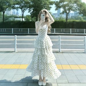 CHANGTONG | Elegant French Style Polka Dot Neck-attached Ruffled Dress