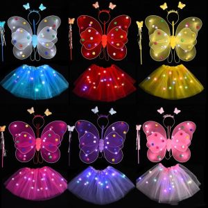 Girls Fairy Costume Set LED Light Up Butterfly Angel Wings with Wand Headband for Halloween Cosplay Photography Props