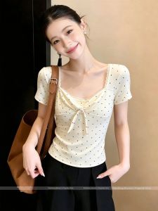 Sweet Girly Style Bow-Tie Square Neck Lace Stitching Short Sleeve Slim Top